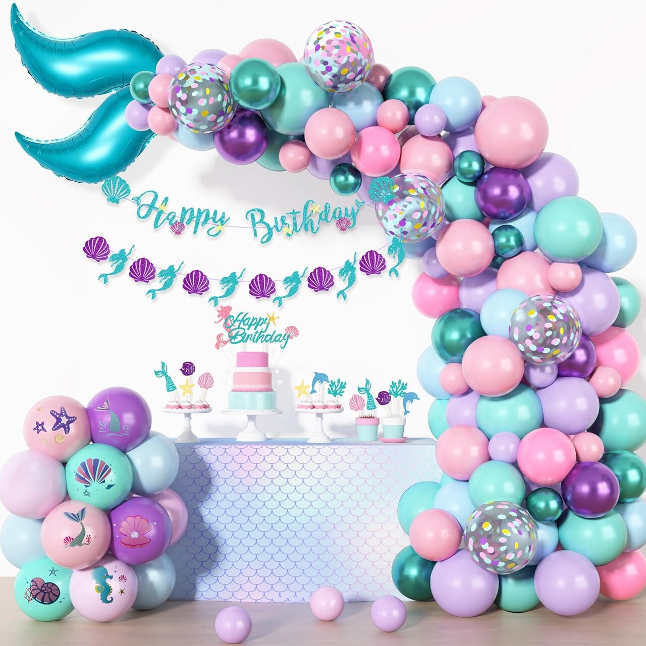 138 PCS Mermaid Birthday Balloon Arch Kit – Pink, Purple & Blue Balloons with Banner & Cake Toppers